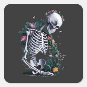 Skeleton with Flowers and Bees – Life and Death Square Sticker