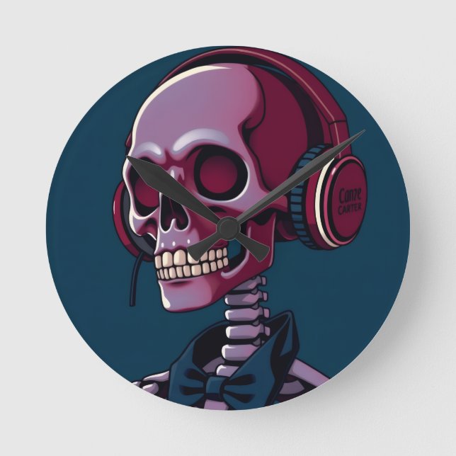 Skeleton with headphones round clock (Front)