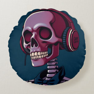 Skeleton with headphones round cushion