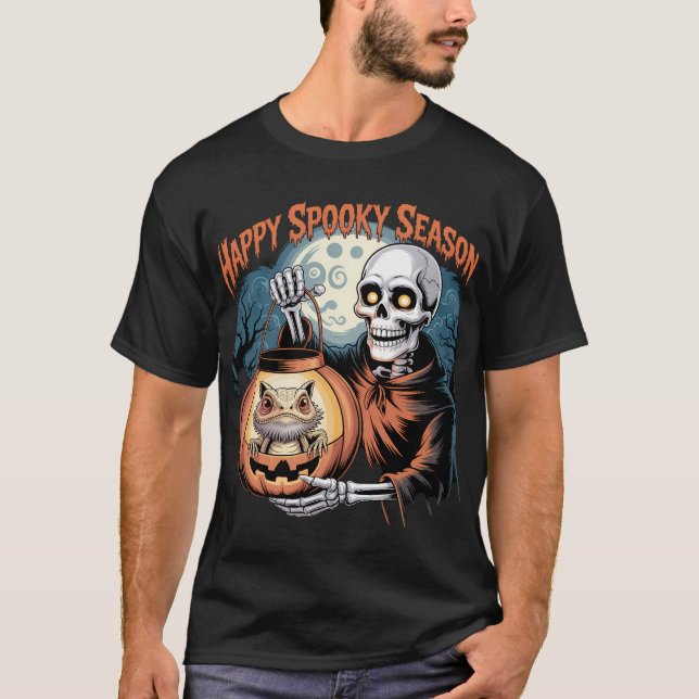 Skeleton with Lizard in Pumpkin Lantern T-Shirt (Front)