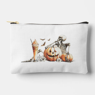 Skeleton with pumpkin and drink. Halloween. Accessory Pouch
