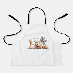 Skeleton with pumpkin and drink. Halloween. Apron