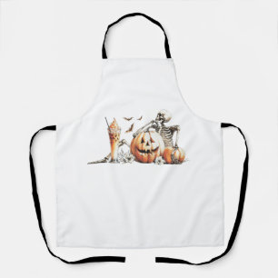 Skeleton with pumpkin and drink. Halloween. Apron