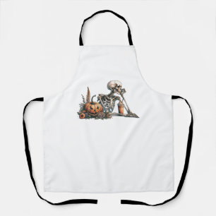 Skeleton with pumpkin and drink. Halloween Apron