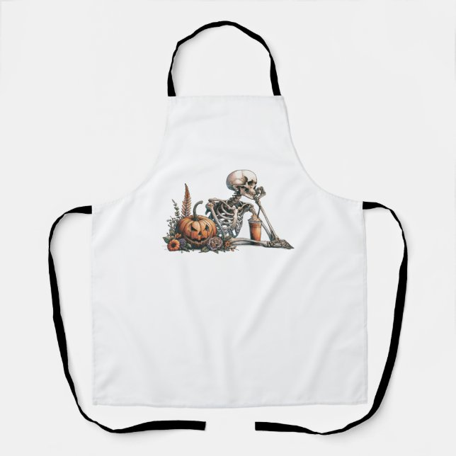 Skeleton with pumpkin and drink. Halloween Apron (Front)