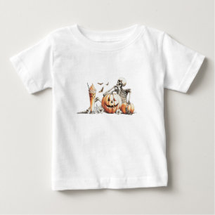 Skeleton with pumpkin and drink. Halloween. Baby T-Shirt