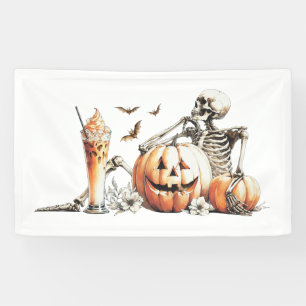 Skeleton with pumpkin and drink. Halloween. Banner