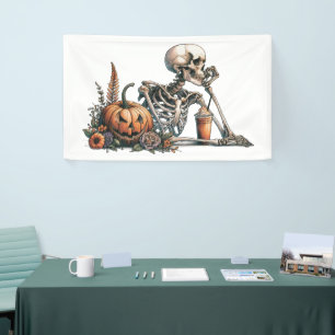 Skeleton with pumpkin and drink. Halloween Banner