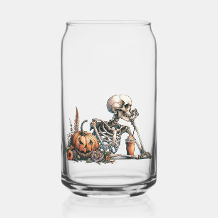 Skeleton with pumpkin and drink. Halloween Can Glass
