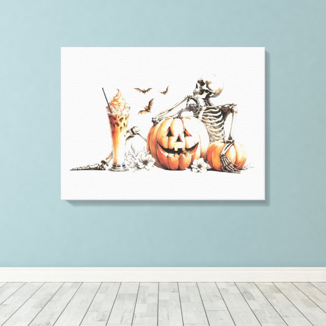 Skeleton with pumpkin and drink. Halloween. Canvas Print (Insitu(Wood Floor))
