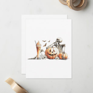 Skeleton with pumpkin and drink. Halloween. Card