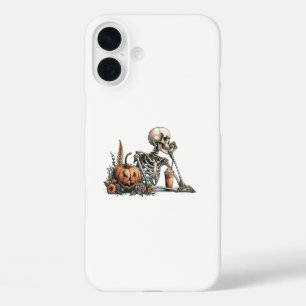 Skeleton with pumpkin and drink. Halloween iPhone 16 Plus Case