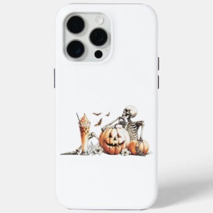 Skeleton with pumpkin and drink. Halloween. iPhone 15 Pro Max Case