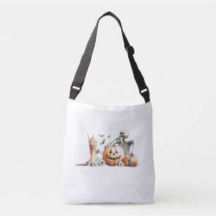 Skeleton with pumpkin and drink. Halloween. Crossbody Bag