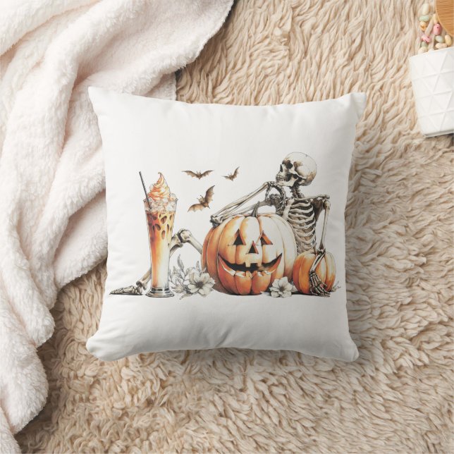 Skeleton with pumpkin and drink. Halloween. Cushion (Blanket)