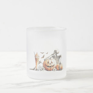 Skeleton with pumpkin and drink. Halloween. Frosted Glass Coffee Mug