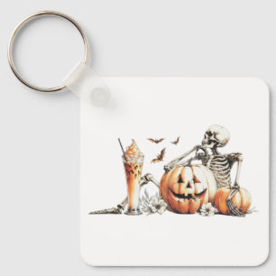 Skeleton with pumpkin and drink. Halloween. Key Ring