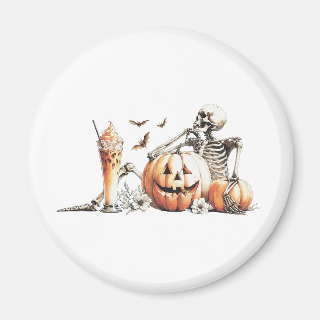 Skeleton with pumpkin and drink. Halloween. Magnet (Front)