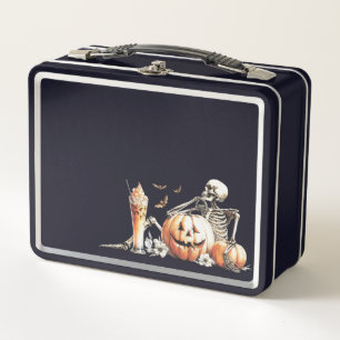 Skeleton with pumpkin and drink. Halloween. Metal Lunch Box