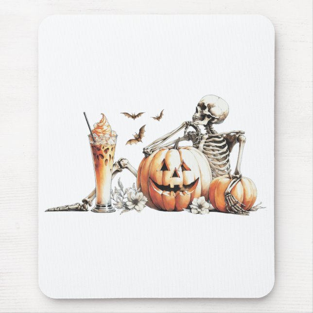 Skeleton with pumpkin and drink. Halloween. Mouse Mat (Front)