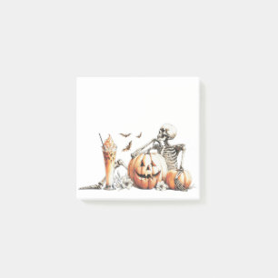 Skeleton with pumpkin and drink. Halloween. Post-it Notes
