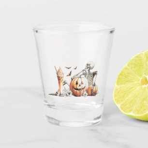 Skeleton with pumpkin and drink. Halloween. Shot Glass