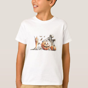Skeleton with pumpkin and drink. Halloween. T-Shirt