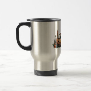 Skeleton with pumpkin and drink. Halloween Travel Mug