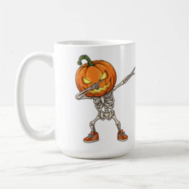 Skeleton with Pumpkin Head Dab Dance Halloween  Coffee Mug (Left)