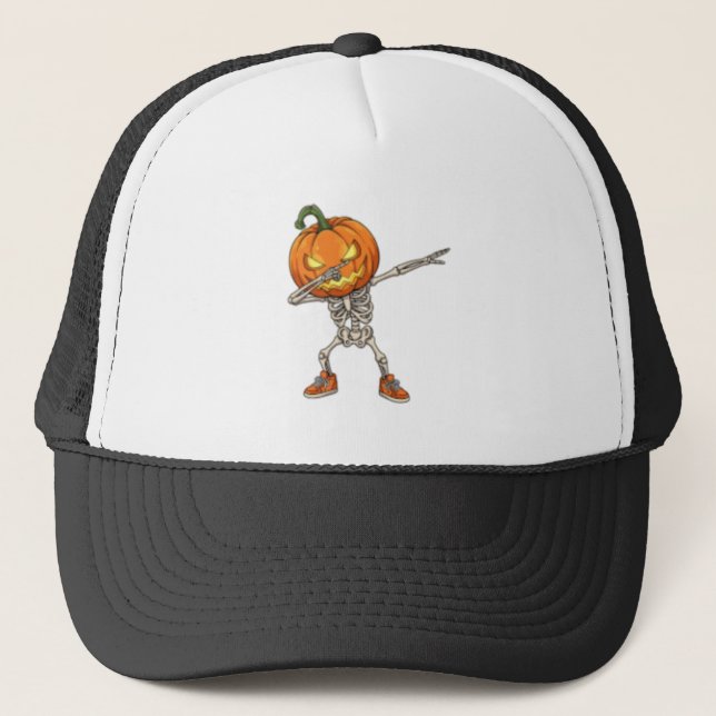 Skeleton with Pumpkin Head Dab Dance Halloween  Trucker Hat (Front)