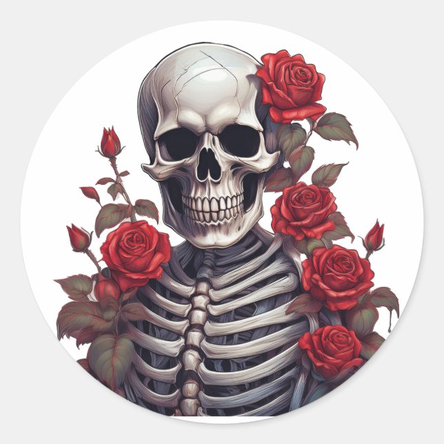 Skeleton With Red Roses   Classic Round Sticker (Front)