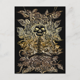 skeleton with roses flowers gold art postcard