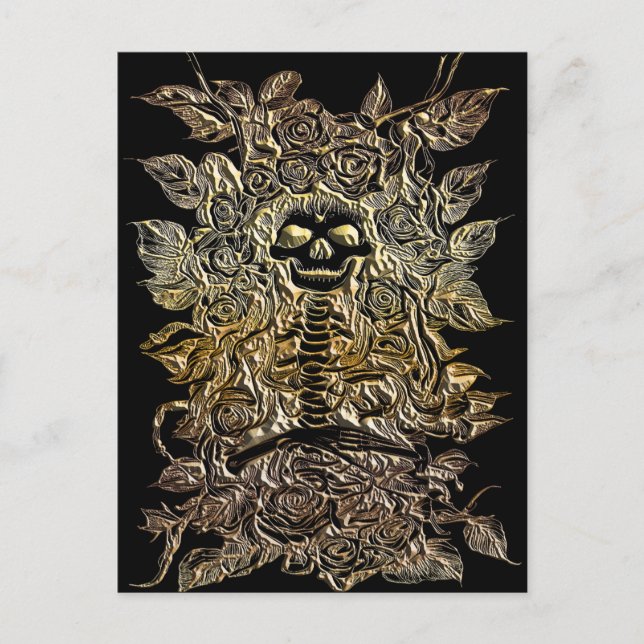 skeleton with roses flowers gold art  postcard (Front)