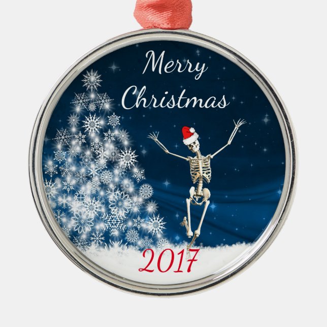 Skeleton with Santa Hat "Christmas 20xx" Metal Tree Decoration (Front)