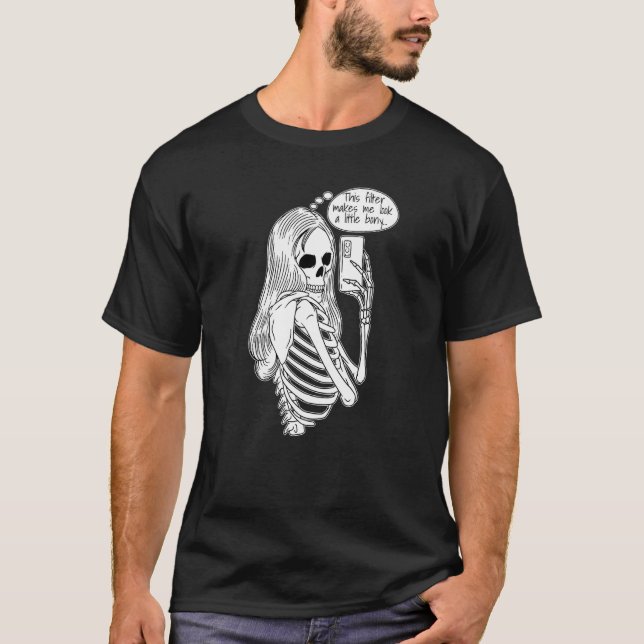 Skeleton Woman with Cell Phone Taking Selfie Skull T-Shirt (Front)