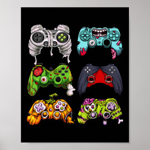 Skeleton Zombie Gaming Controllers Halloween Gamer Poster