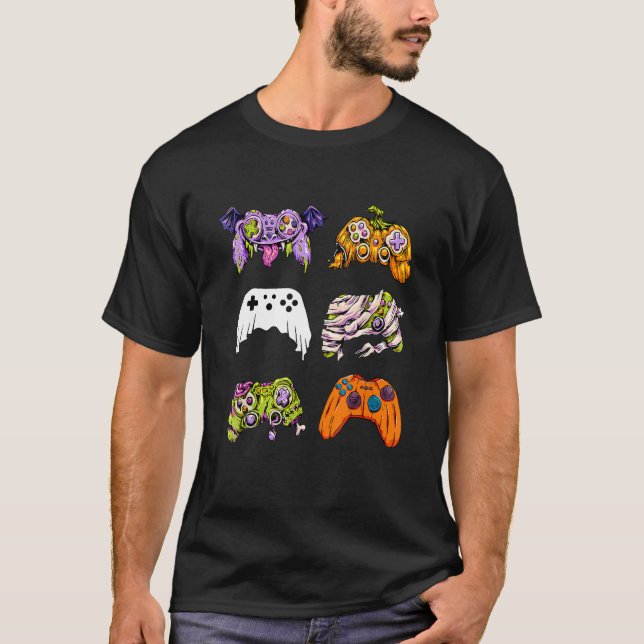 Skeleton Zombie Gaming Controllers Mummy Halloween T-Shirt (Front)