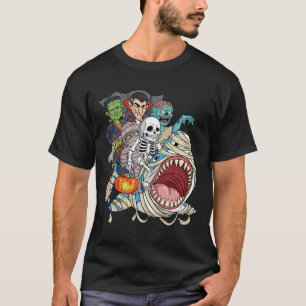 Skeleton Zombie Riding Mummy Shark Vampire Hallowe T-Shirt