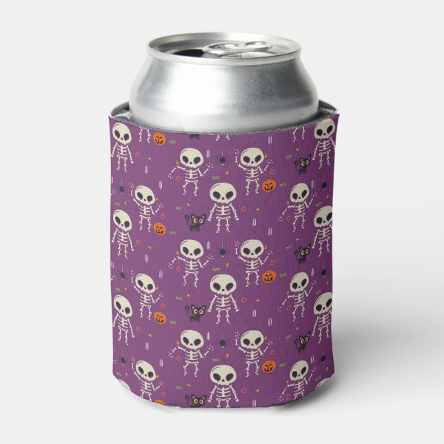 Skeletons, Black Cats and Pumpkins Halloween Can Cooler (Can Front)