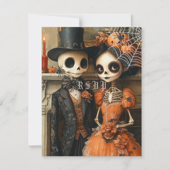  Skeletons Black Spiders Halloween Wedding RSVP Invitation (Front)