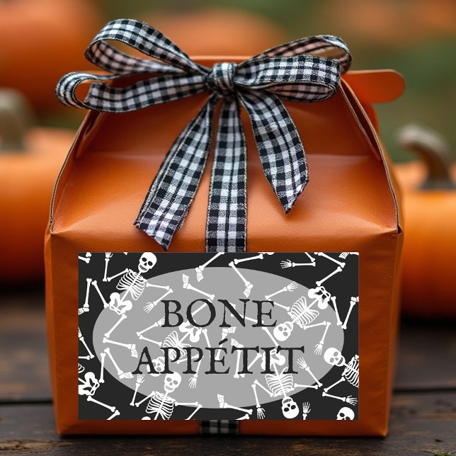 Skeletons BONE APPÉTIT Rectangular Sticker (BONE APPÉTIT rectangular black stickers with dancing skeletons)