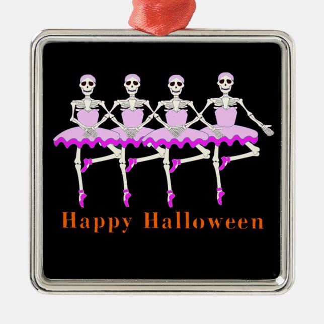 Skeletons Dancing Ballet "Happy Halloween" Metal Tree Decoration (Front)