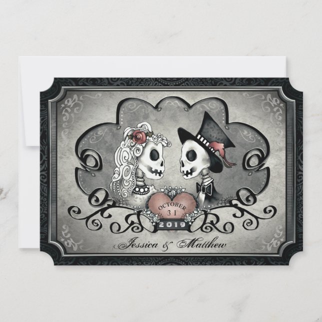 Skeletons Grey Black Heart Wedding "Together With" Invitation (Front)