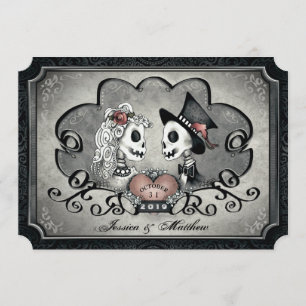 Skeletons Grey Black Heart Wedding "Together With" Invitation