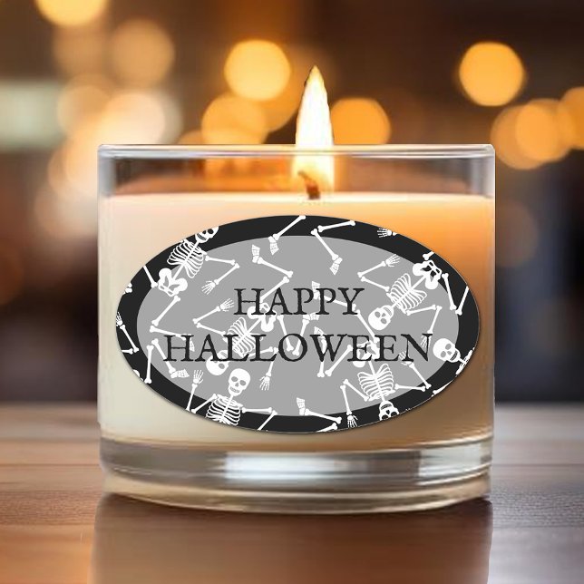 Skeletons Happy Halloween Oval Sticker (Happy Halloween and skeletons on black oval stickers)