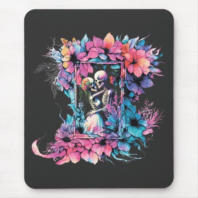 Skeletons in love. A bouquet of flowers. Mouse Mat (Front)