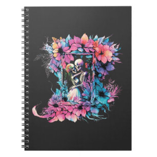 Skeletons in love. A bouquet of flowers. Notebook