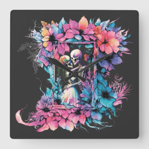 Skeletons in love. A bouquet of flowers. Square Wall Clock