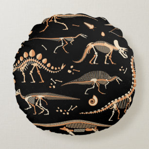 Skeletons of dinosaurs and fossils pattern round cushion