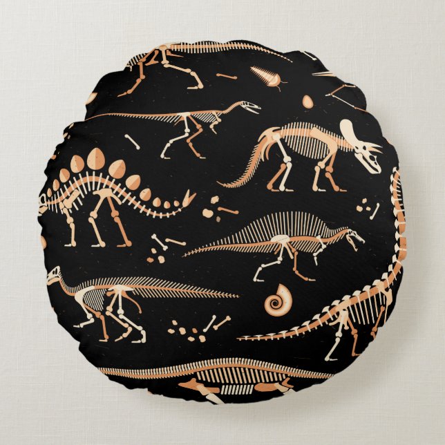 Skeletons of dinosaurs and fossils pattern round cushion (Front)